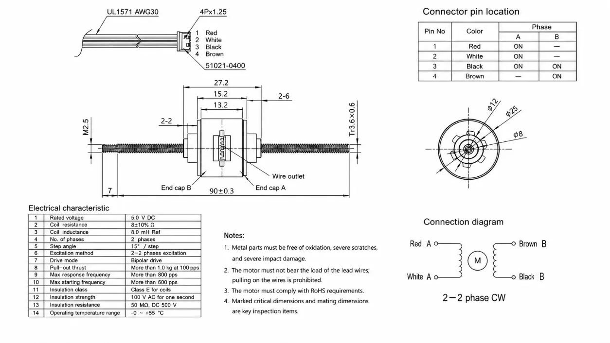 KC-25BY Series Linear Stepper Motor Technical 2D Drawing showing 25mm diameter and 27.2mm body thickness.