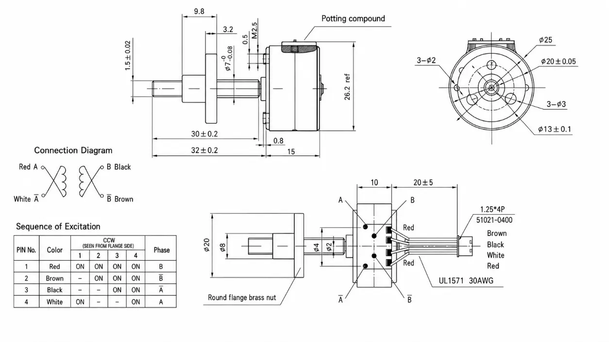 KC-25BY26 2-Phase PM Stepper Motor with T5 Lead Screw Technical 2D Drawing showing 25mm diameter and M2.5 mounting details.