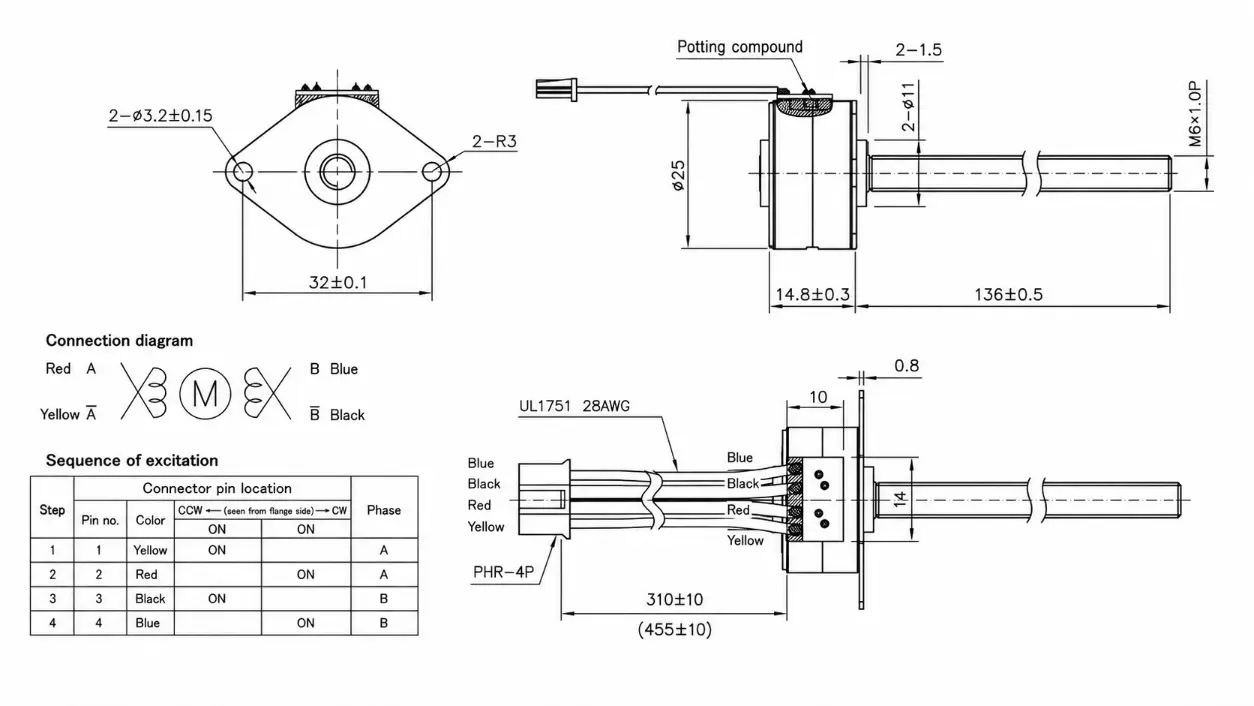 Kechen Motor KC-25BY26 stepper motor with lead screw 2D drawing showing M6 thread and 32mm mounting hole dimensions.