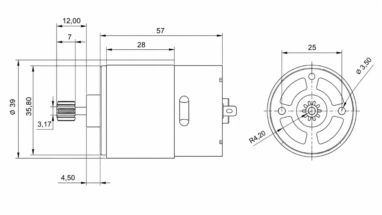 KC-555PH DC Motor Dimensions & Technical Drawing KC-555PH DC Motor Technical 2D Drawing showing 3.17 mm shaft diameter and 25 mm mounting hole pitch.