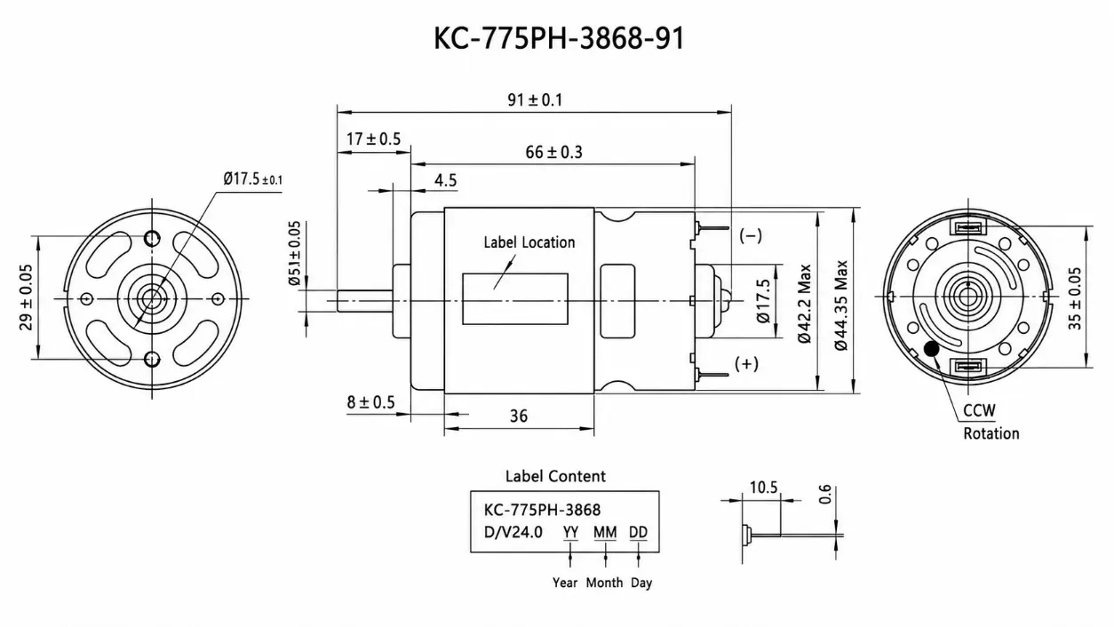KC-775PH brushed motor Technical 2D Drawing showing mounting holes, 42 mm body diameter and 29 mm hole pitch.