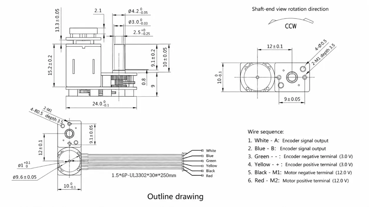 KC-GM1024-N20 Micro DC Motor with Magnetic Encoder Technical 2D Drawing showing 3mm shaft and mounting dimensions.