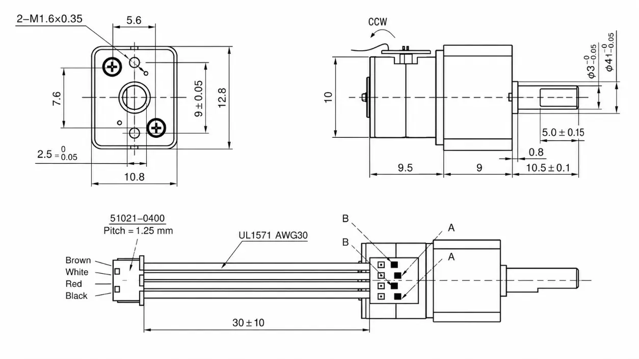 KC-GM12-10BY Geared Stepper Motor Dimensions & Drawing KC-GM12-10BY geared stepper motor technical 2D drawing showing M1.6 mounting holes, 210:1 ratio & 3mm shaft.