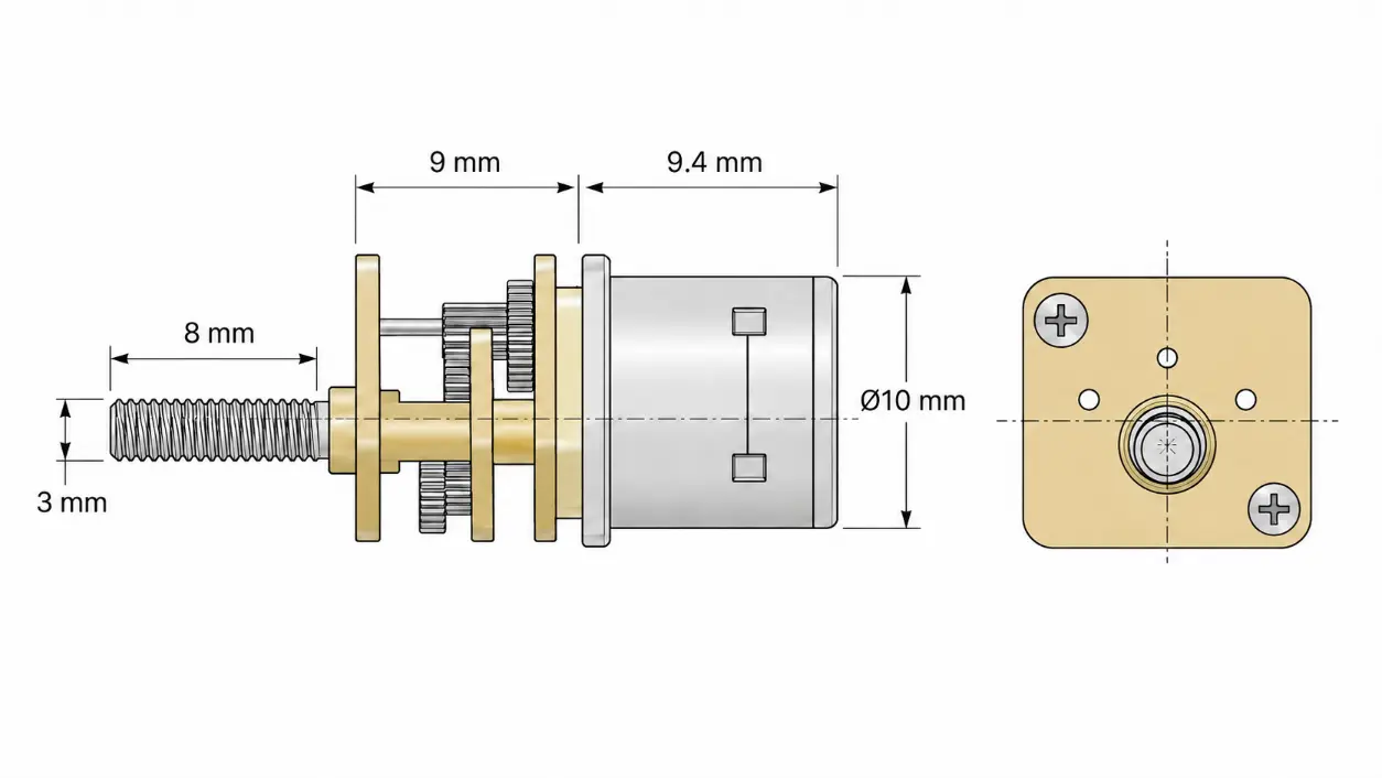 Kechen Motor KC-GM12 Stepper Motor with Lead Screw Drawing Kechen Motor KC-GM12-10BY stepper motor with lead screw Technical 2D Drawing showing 10mm dia, 9mm gearbox & M3 8mm shaft.