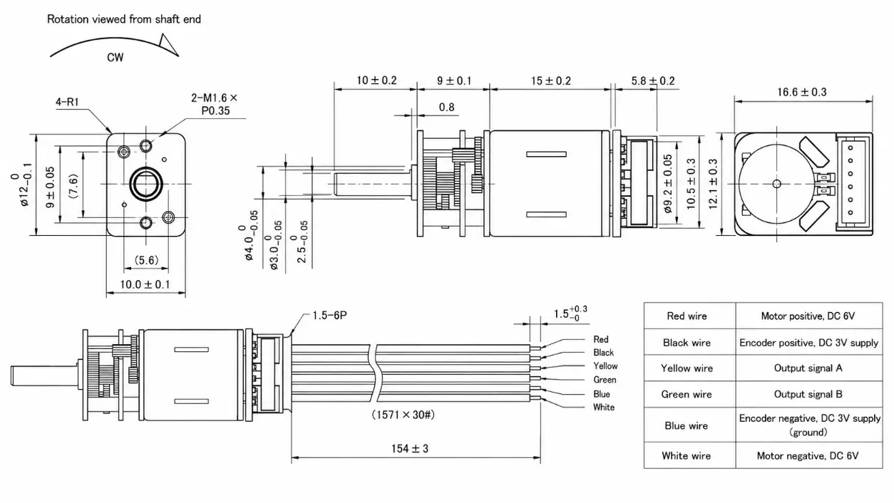 KC-GM12-N20 micro gear motor Technical 2D Drawing showing M1.6 x P0.35 mounting holes and 3mm shaft.