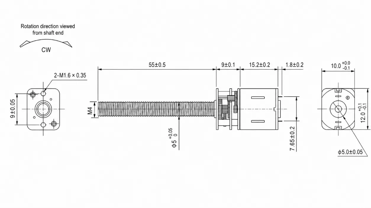 Kechen Motor KC-GM12-N20 N20 gear motor technical 2D drawing showing M4x55mm lead screw and 2-M1.6 mounting holes.