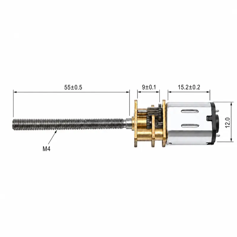 Kechen Motor KC-GM12-N20 N20 gear motor with M4x55mm lead screw shaft and 9mm gearbox dimensions for linear actuators.Kechen Motor KC-GM12-N20 N20 gear motor with M4x55mm lead screw shaft and 9mm gearbox dimensions for linear actuators.
