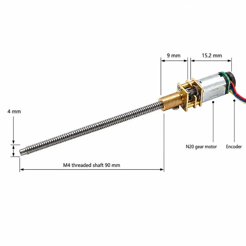 Kechen Motor KC-GM12-N20 N20 motor with encoder dimensions featuring 90mm M4 lead screw for linear actuators.