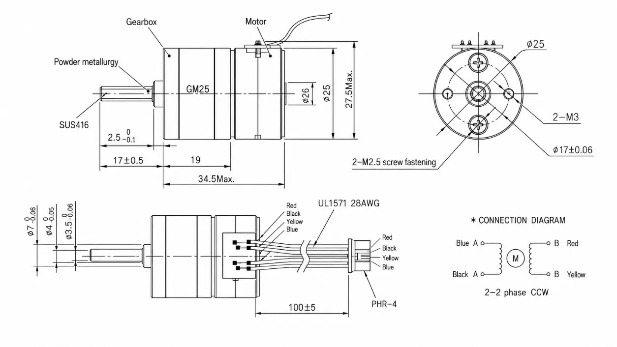 KC-GM25-25BY Geared Stepper Motor Dimensions & Drawing KC-GM25-25BY geared stepper motor technical 2D drawing showing 25mm diameter, M3 mounting holes, and D-cut shaft dimensions.