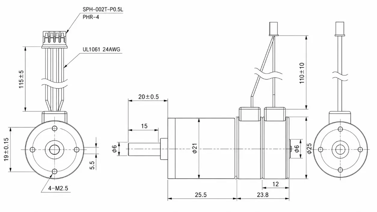 KC-GMP24-25BY Stepper Motor Technical 2D Drawing showing M2.5 mounting holes and 6mm shaft dimensions.