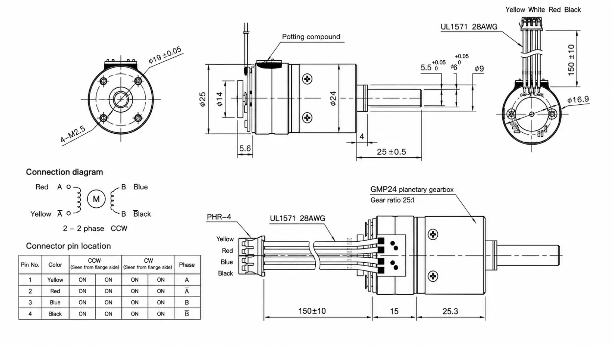 Kechen Motor GMP24-25BY planetary geared stepper motor technical 2D drawing showing 4-M2.5 PCD19 holes and 6mm D-shaft.