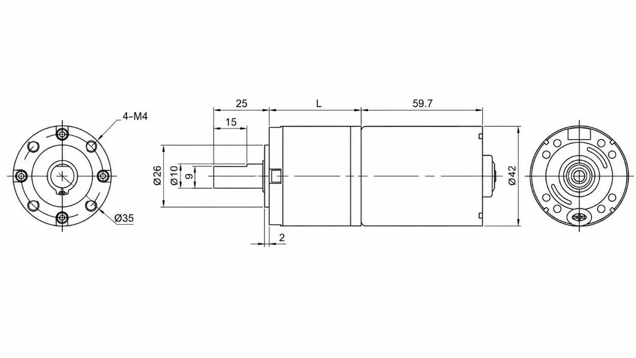 KC-GMP42-4260 BLDC planetary gear motor technical 2D drawing showing 4-M4 mounting holes and 10mm shaft.