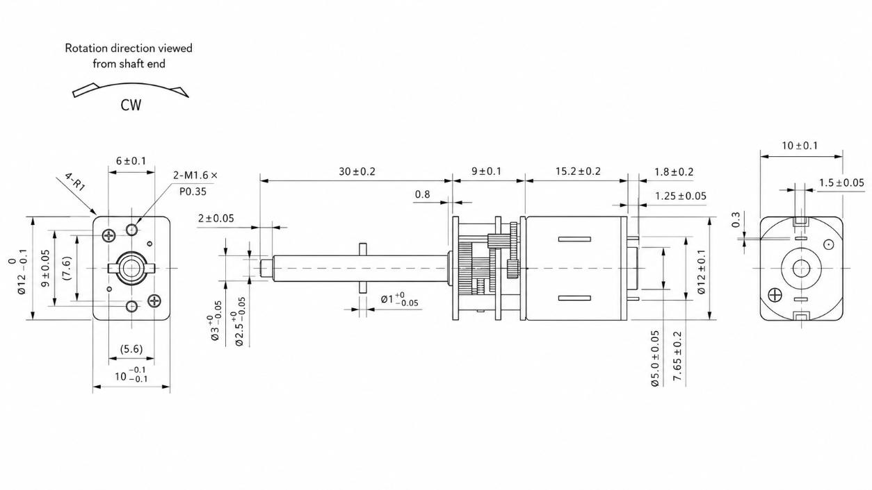 KC-GM12-N20-09190-3.7V n20 micro gear motor Technical 2D Drawing showing M1.6 mounting holes and 3mm lead screw shaft dimensions.