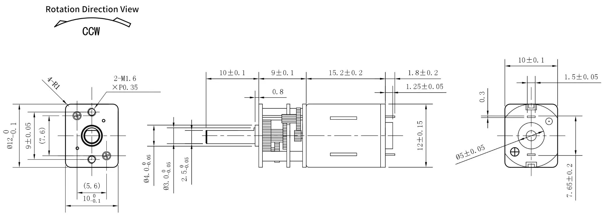 KC-N20 miniature gear motor technical 2D drawing showing 2-M1.6 mounting holes and 3.0mm shaft dimensions.