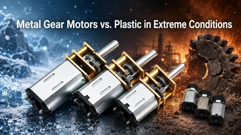 metal gear motors with small plastic gearboxes across wide frozen and hot ground for robotics engineers.