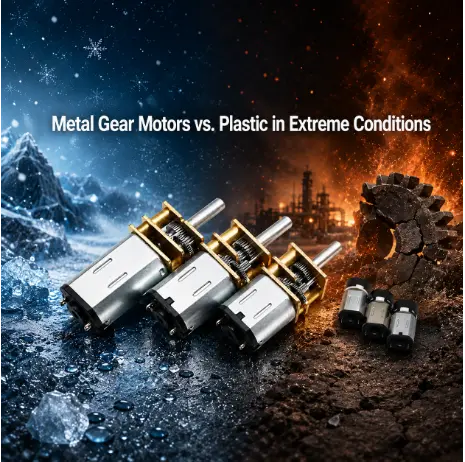 metal gear motors and plastic units on icy and fiery ground for design engineers.