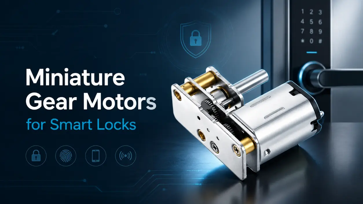 Miniature DC gear motor for smart locks shown with a digital keypad and security icons on a blue tech background.