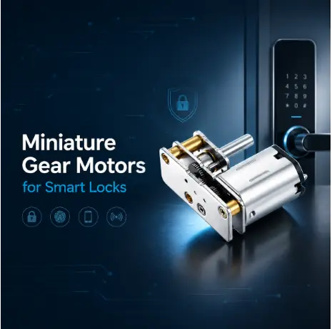 Miniature DC gear motor for smart locks featured alongside a modern smart lock keypad and access icons.