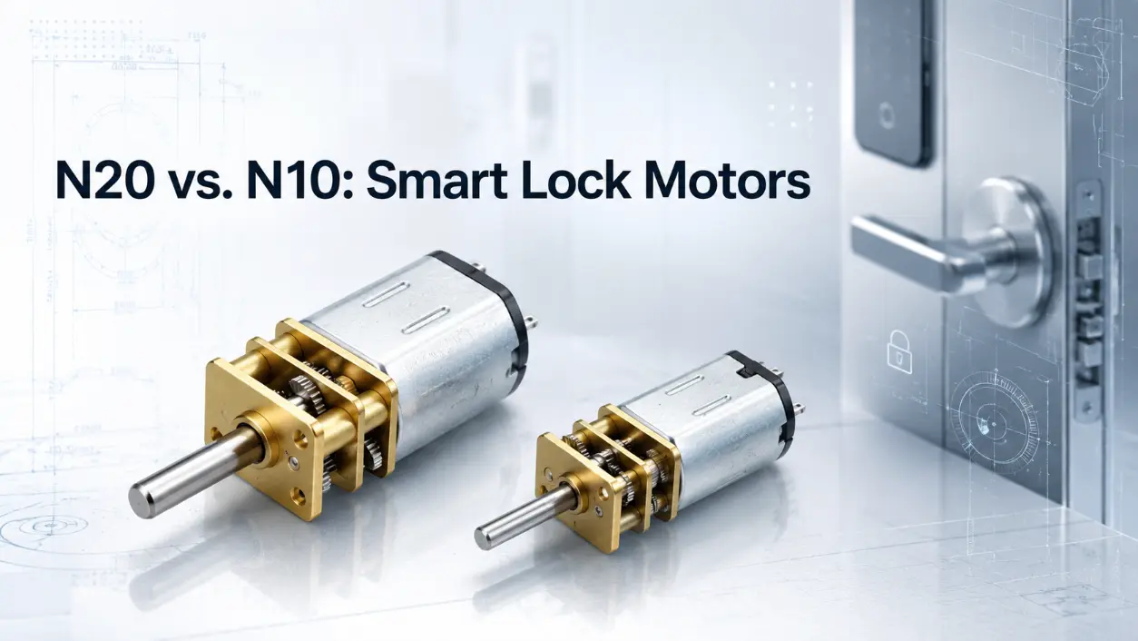 n20 motor side-by-side size comparison with n10 micro gear reduction units on blueprint background near electronic lock