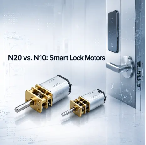 n20 motor compared with n10 featuring micro gearboxes against a blueprint background with a smart lock for engineers