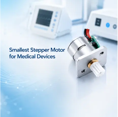 smallest stepper motor with white plastic pinion gear on laboratory table for medical equipment engineers