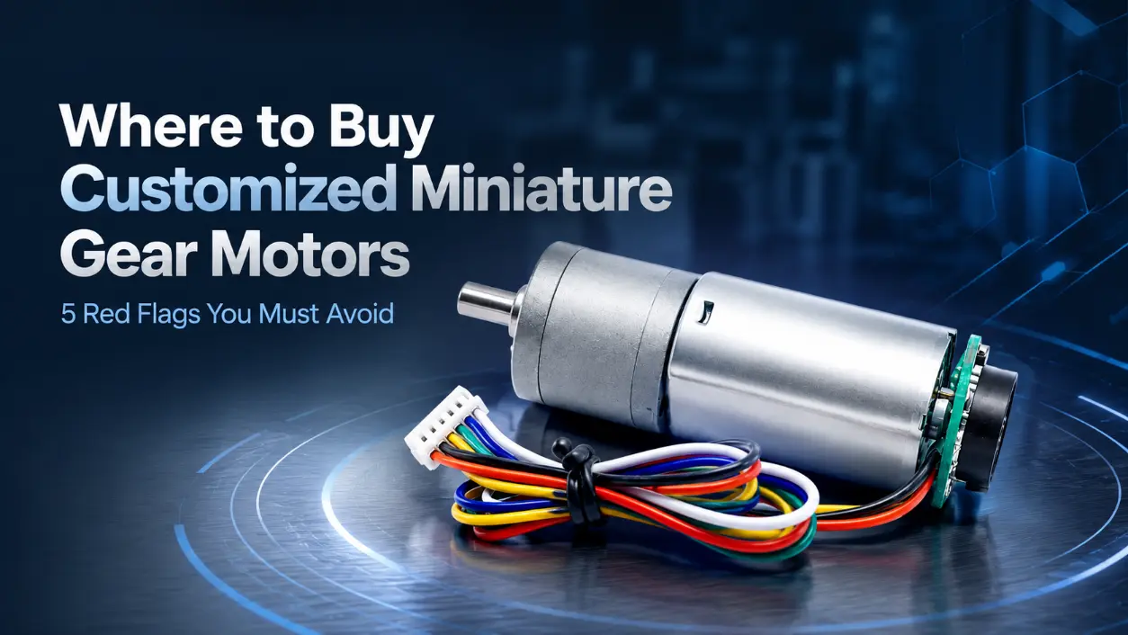 Where to buy customized miniature gear motors: precision motor with wire harness on blue industrial surface.
