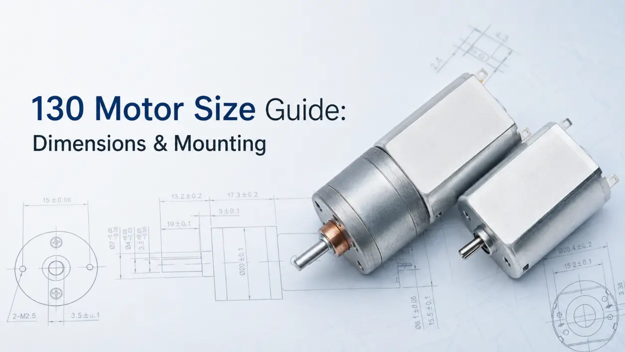 130 motor size with twin DC motors and blueprint dimensions for industrial engineers.