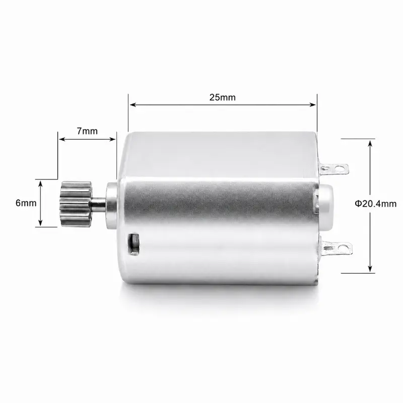 Kechen Motor 130 brushed motor with copper pinion gear, 25 mm body, Ø20.4 mm front, 7 mm gear length and 6 mm gear diameter.