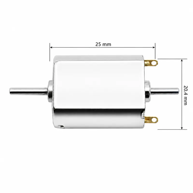 Kechen Motor 130 DC motor dimensions showing 25 mm body length and 20.4 mm width for compact dual shaft integration.