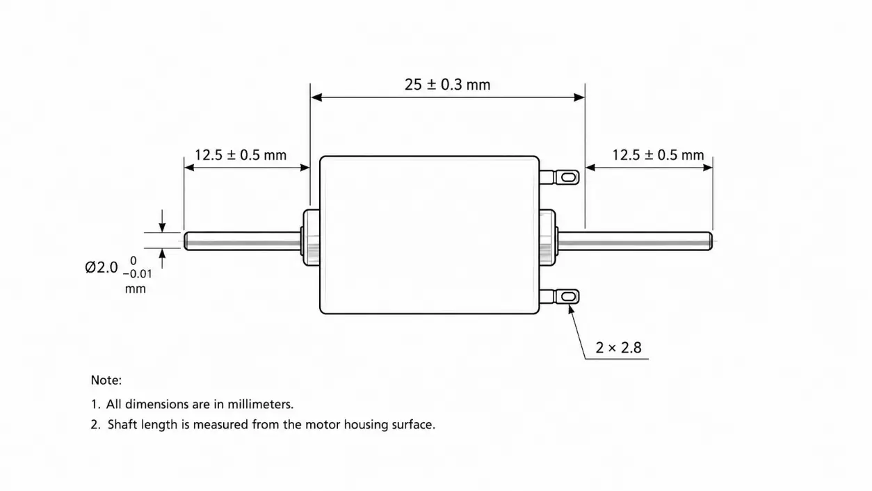 Kechen Motor 130 dc motor dual output shaft drawing, 20 × 25 mm body with 12.5 mm shaft on each side.