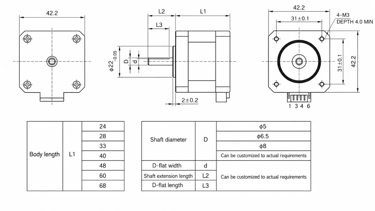 NEMA 17 42 40 Stepper Motor Dimensions – 40 mm Body, D-Shaft | Kechen Motor Kechen Motor NEMA 17 42 40 stepper motor, 42.2 mm frame, 40 mm body, 5 mm D-shaft and 31 mm M3 mounting dimensions.