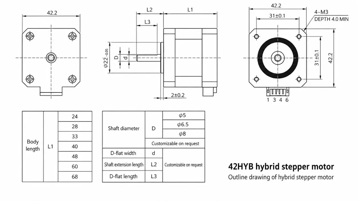 Kechen Motor KC-42HYB60 NEMA 17 60mm stepper motor, 42.2mm frame, 31mm mounting, D shaft for precision motion control.