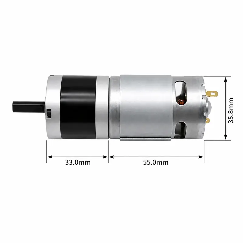 Kechen Motor 555 12V DC motor technical drawing with GMP36 dimensions including 33mm gearbox and 55mm motor housing length.