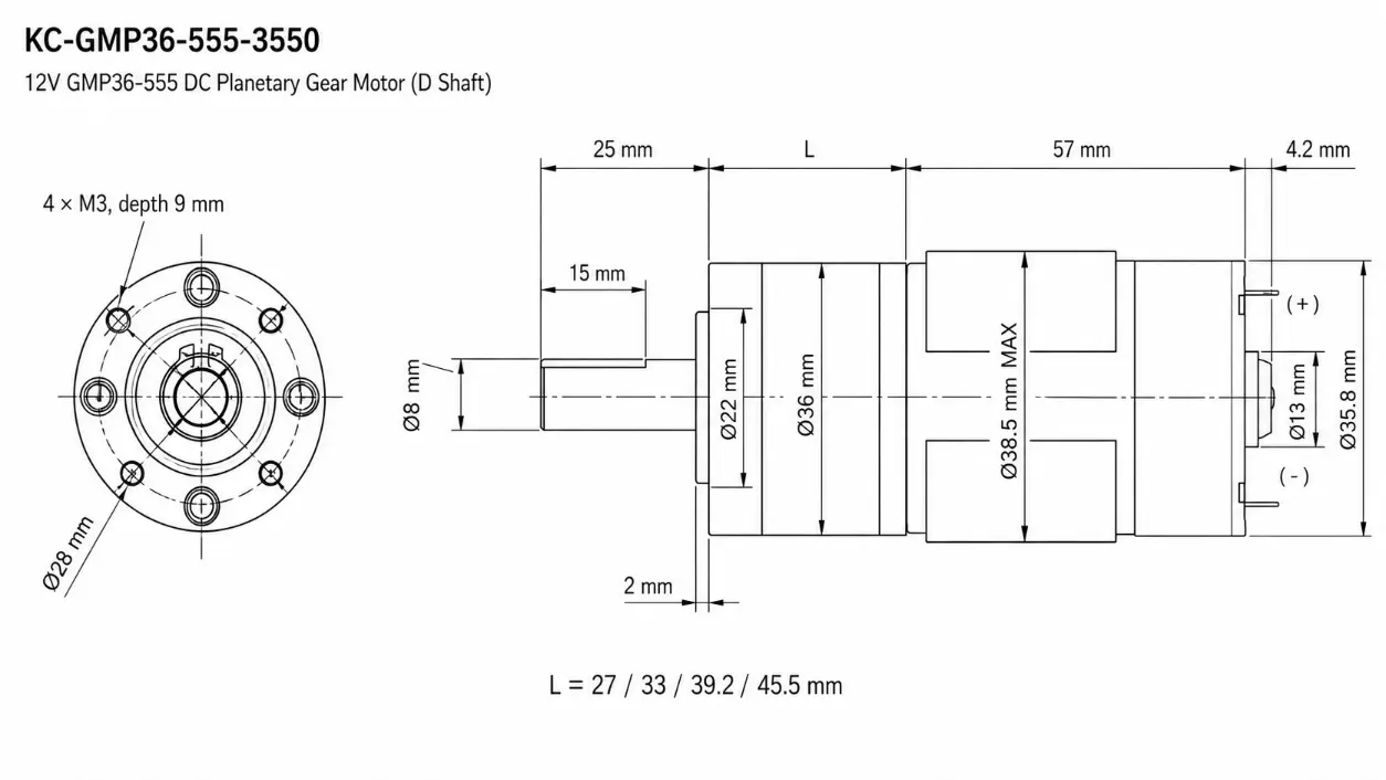Kechen Motor 555 12V DC planetary gear motor technical drawing showing 36mm diameter and D-shaft for industrial automation.
