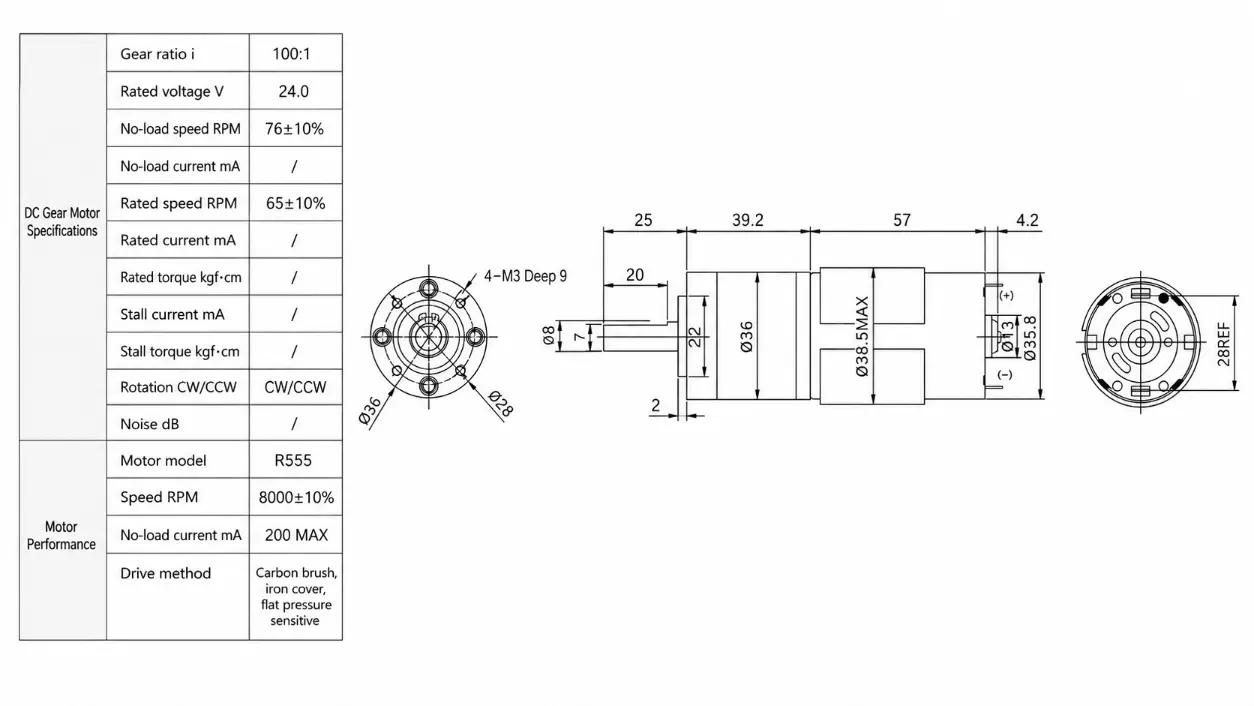 KC-GMP36-555 555 gear motor Technical 2D Drawing showing 100:1 gear ratio, 8 mm D-shaft, and 4-M3 mounting holes.