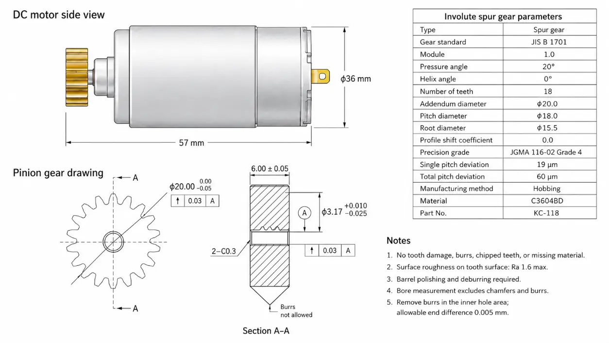 Kechen Motor 12V 555 DC motor with copper gear featuring detailed dimensional drawing and spur gear specifications