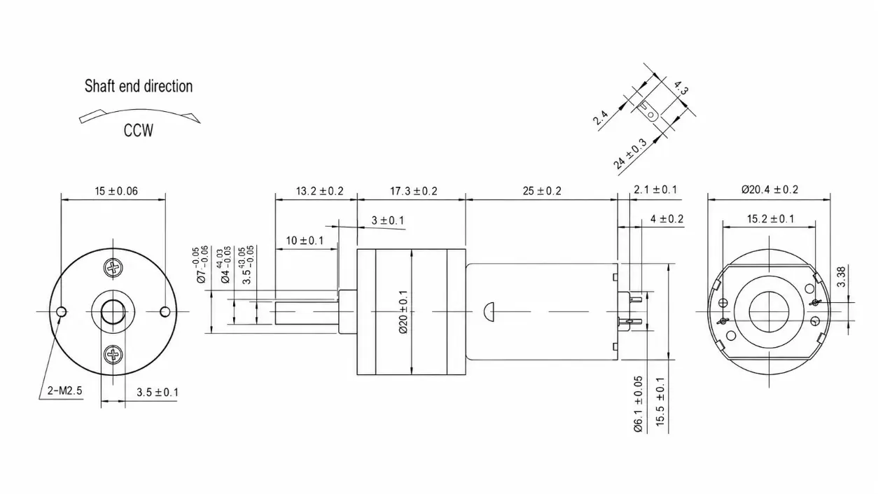 Kechen Motor high torque 130 motor, GM20-130SH 20 mm DC gear motor with M2.5 mounting holes and dimensional drawing.