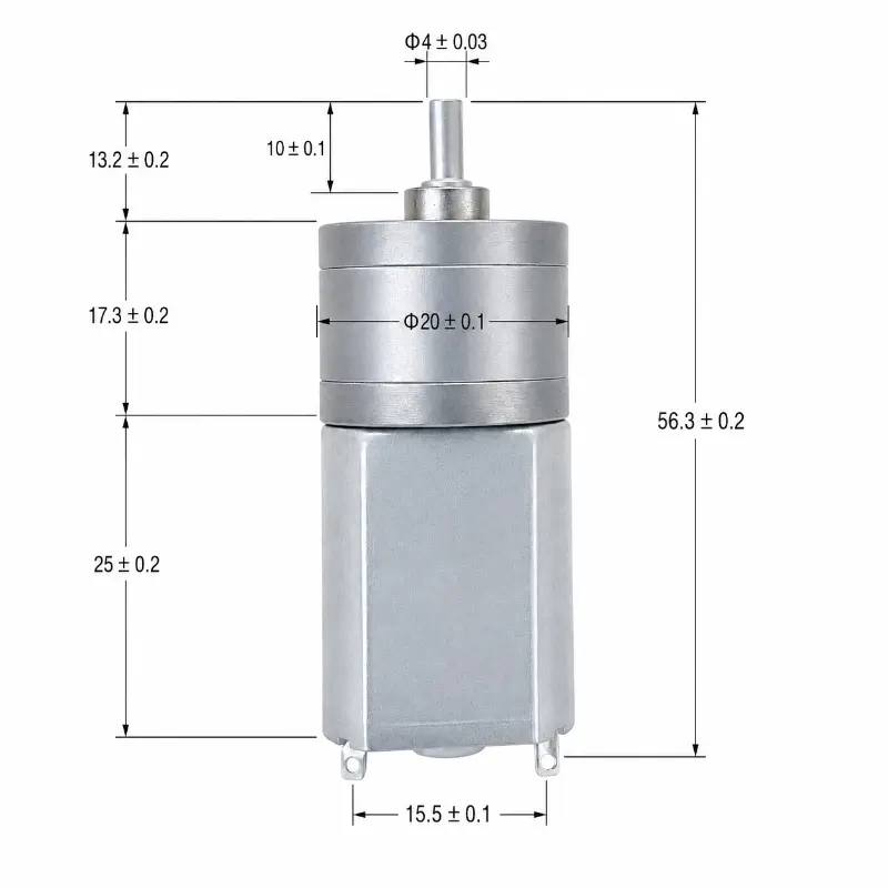 Kechen Motor high torque 130 motor, 56.3 mm overall length, 20 mm gearbox and 4 mm shaft dimensions for integration.