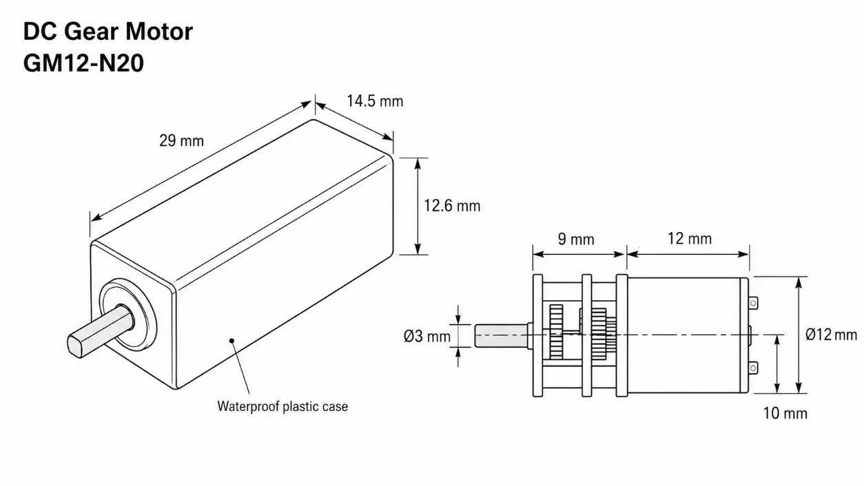 Kechen Motor N20 gear motor GM12 technical drawing with 29x14.5mm dimensions and waterproof plastic housing for industrial use.