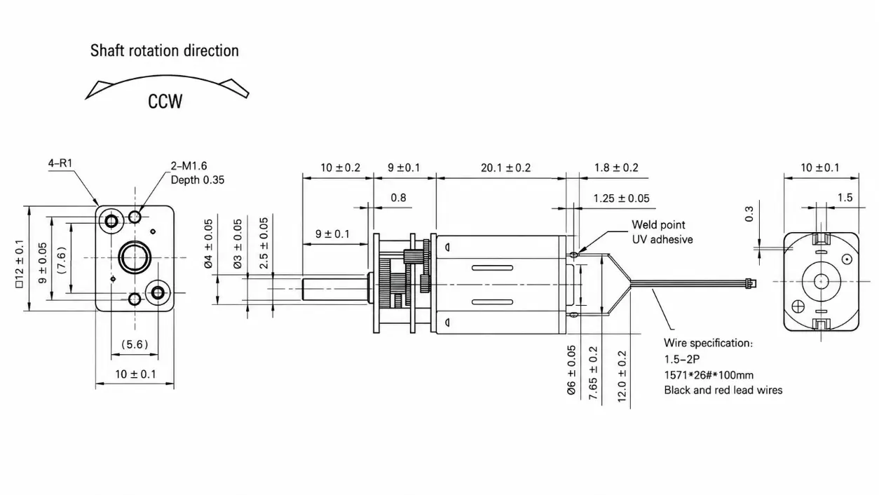 Kechen Motor n30 gear motor Technical 2D Drawing showing 9mm shaft length, 10mm mounting hole spacing, and M1.6 screw threads.