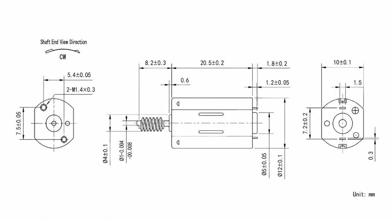 KC-N30-10150-5.0V n30 gear motor Technical 2D Drawing showing 12mm body diameter 20.5mm length and 2-M1.4 mounting holes.