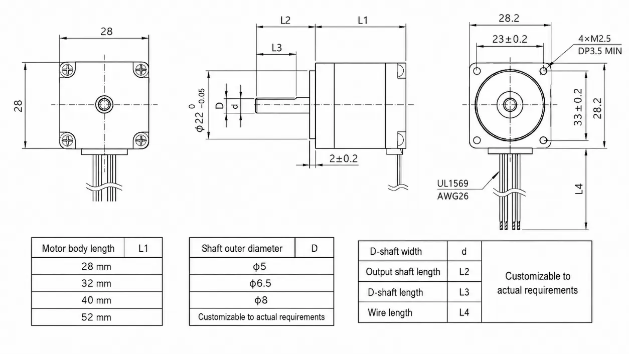 Kechen Motor NEMA 11 Hybrid Stepper Motor Mechanical Drawing Kechen Motor NEMA 11 hybrid stepper motor technical mechanical drawing with dimension parameters and mounting hole specs