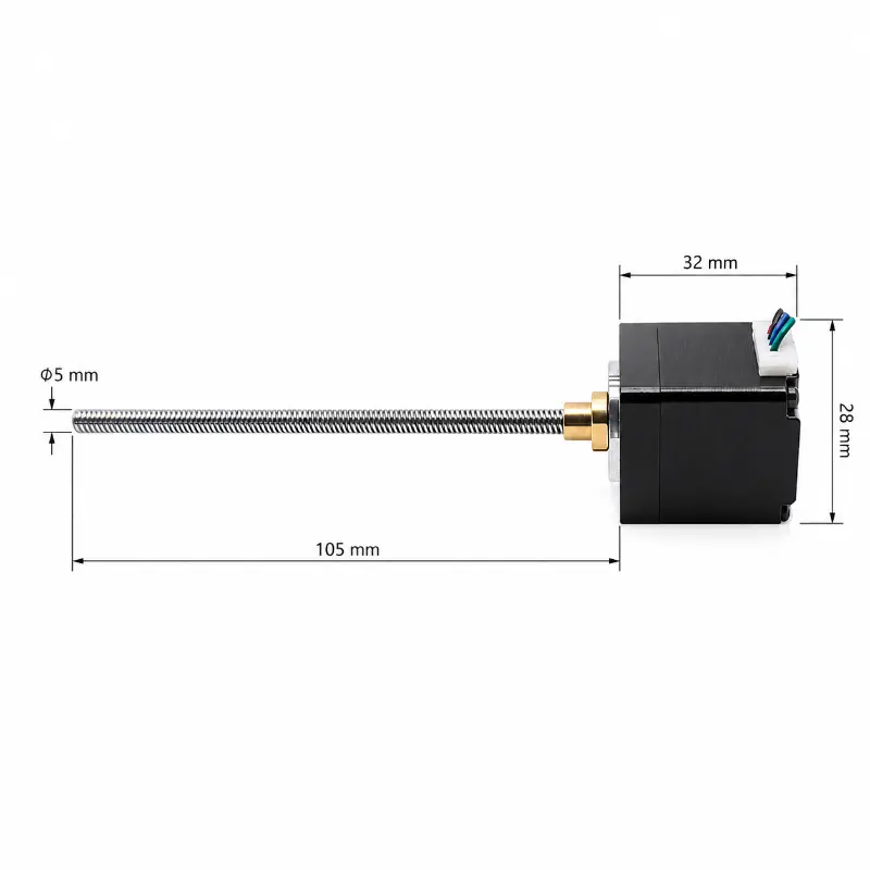 Kechen Motor NEMA 11 hybrid stepper motor 32mm body, technical side view drawing with 105mm T5 lead screw dimensions