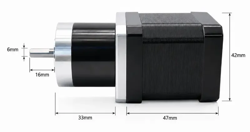 Kechen Motor Nema 17 planetary gear stepper motor technical drawing, dimensions, 42x47mm size, 6mm shaft, 1:5.18 gear ratio.