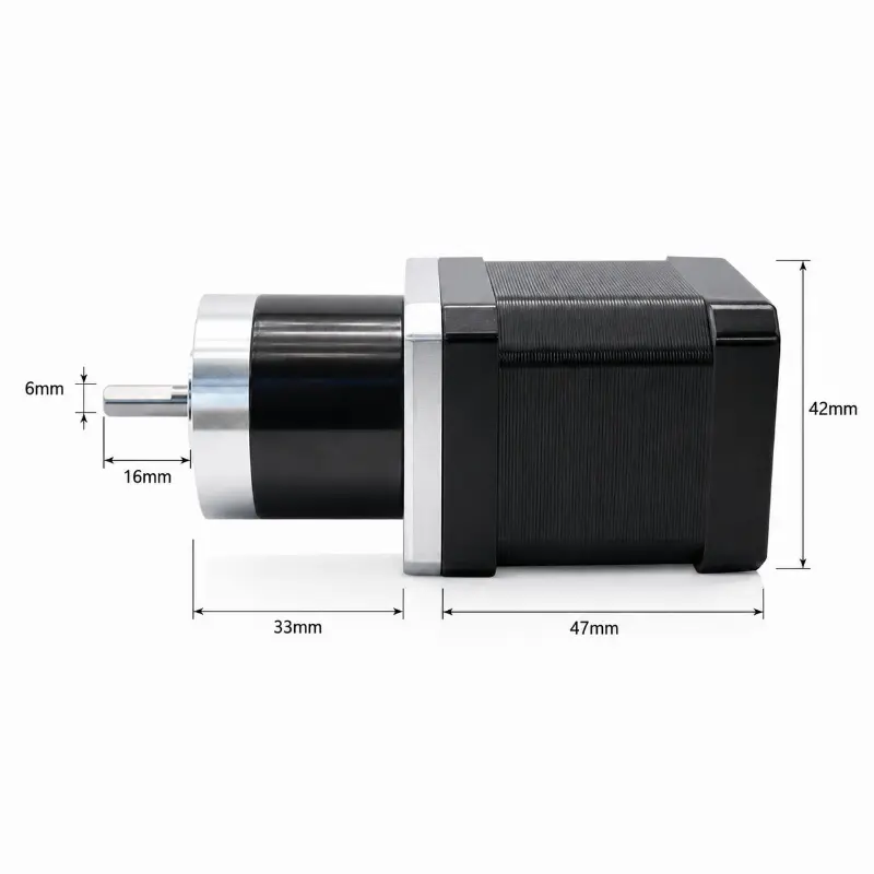 Kechen Motor Nema 17 planetary gear stepper motor technical drawing, dimensions, 42x47mm size, 6mm shaft, 1:5.18 gear ratio.