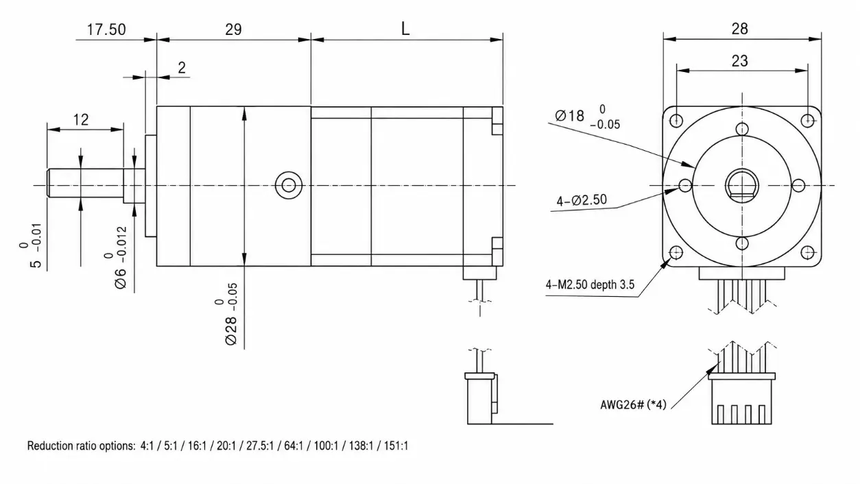 KC-GMP28-28HYB Planetary Geared Stepper Motor Dimensions Drawing Kechen Motor planetary geared stepper motor KC-GMP28-28HYB technical dimensions drawing showing 28mm diameter and mounting details.