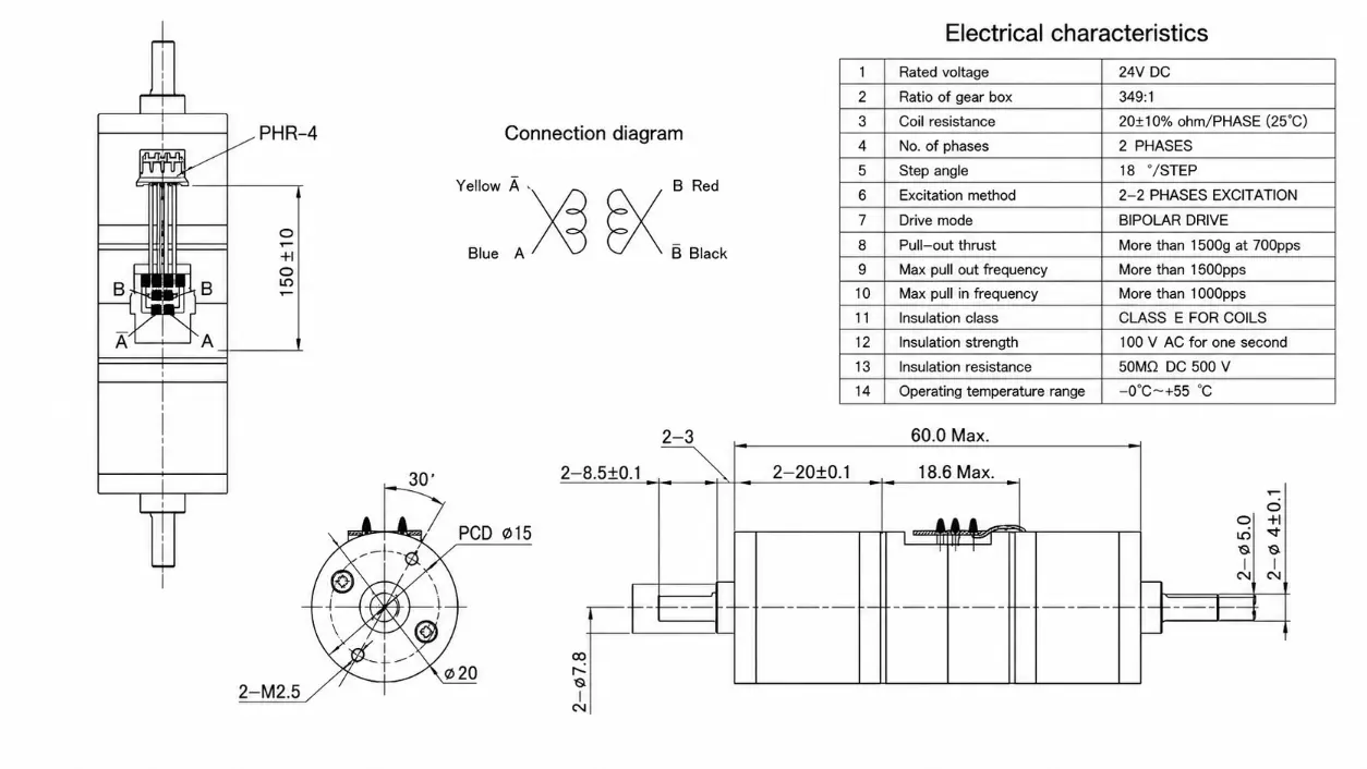 KC-GM20-20BY small geared stepper motor 2D Drawing showing ratio 349 to 1, PCD 15mm holes, shaft dimensions.