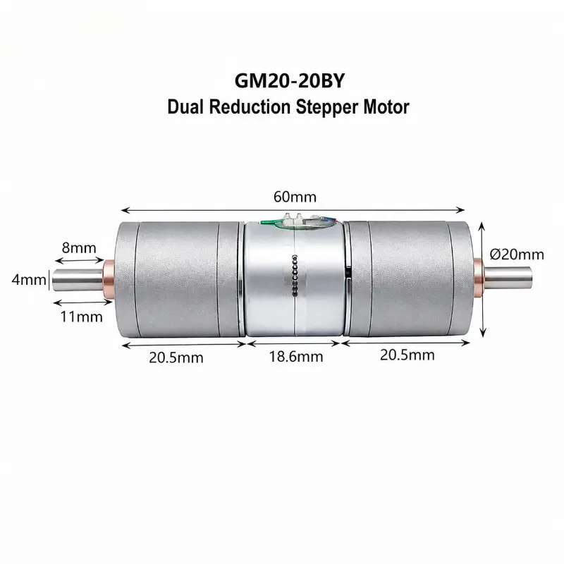 Kechen Motor small geared stepper motor KC-GM20-20BY 24V 20mm dual gearbox overall dimensions and technical drawing