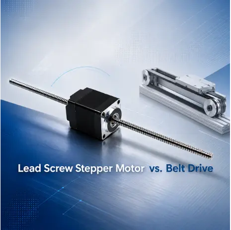 Lead screw stepper motor versus belt drive linear module on blueprint background for mechanical engineers.