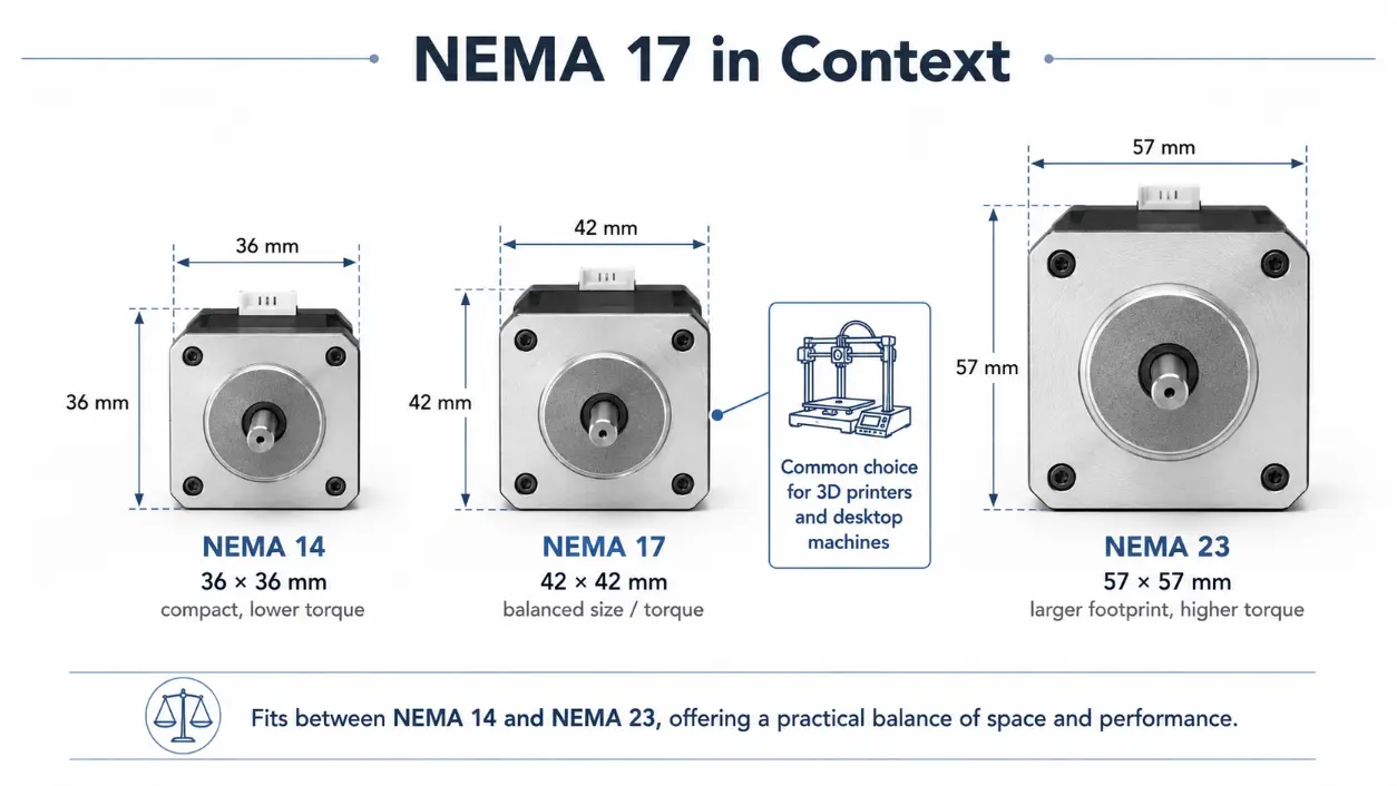 NEMA 17 frame size compared with NEMA 14 and NEMA 23 stepper motors